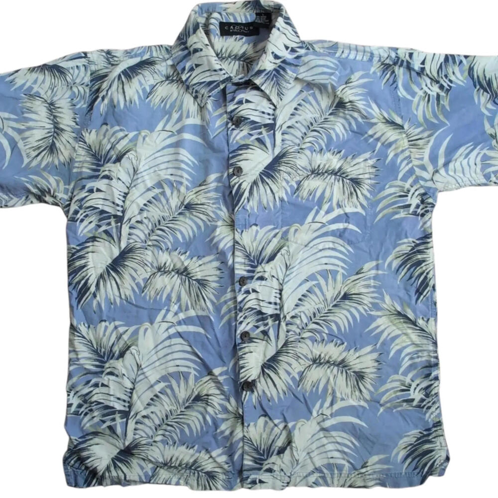 Cactus Black Label Shirt Mens Large‎ Blue Palm Leaf Hawaiian Aloha Button Up